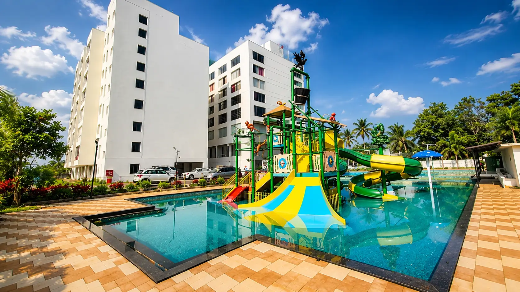 Resort-style water-play pool and slide tower at Herms Apartments, framed by the residential towers